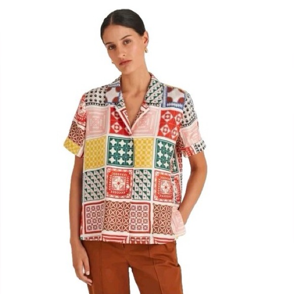 Oroton (!) 100% Silk Patchwork Button Up
